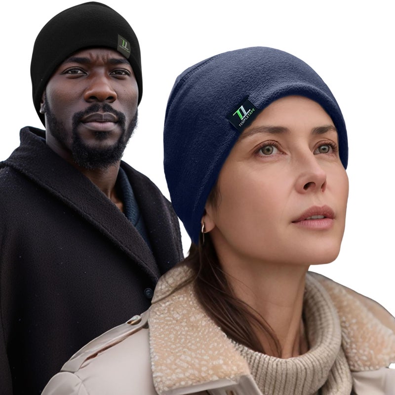 Temple Tape Tactical Fleece Watch Cap Beanie â€“ Skull Cap Fleece Hat - 2 Pack Black/Navy - One Size (Fits Most Heads) - Image 3
